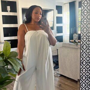 Womens Flowy Jumsuit Extra Wide Leg Spaghetti Straps Layered Lined White